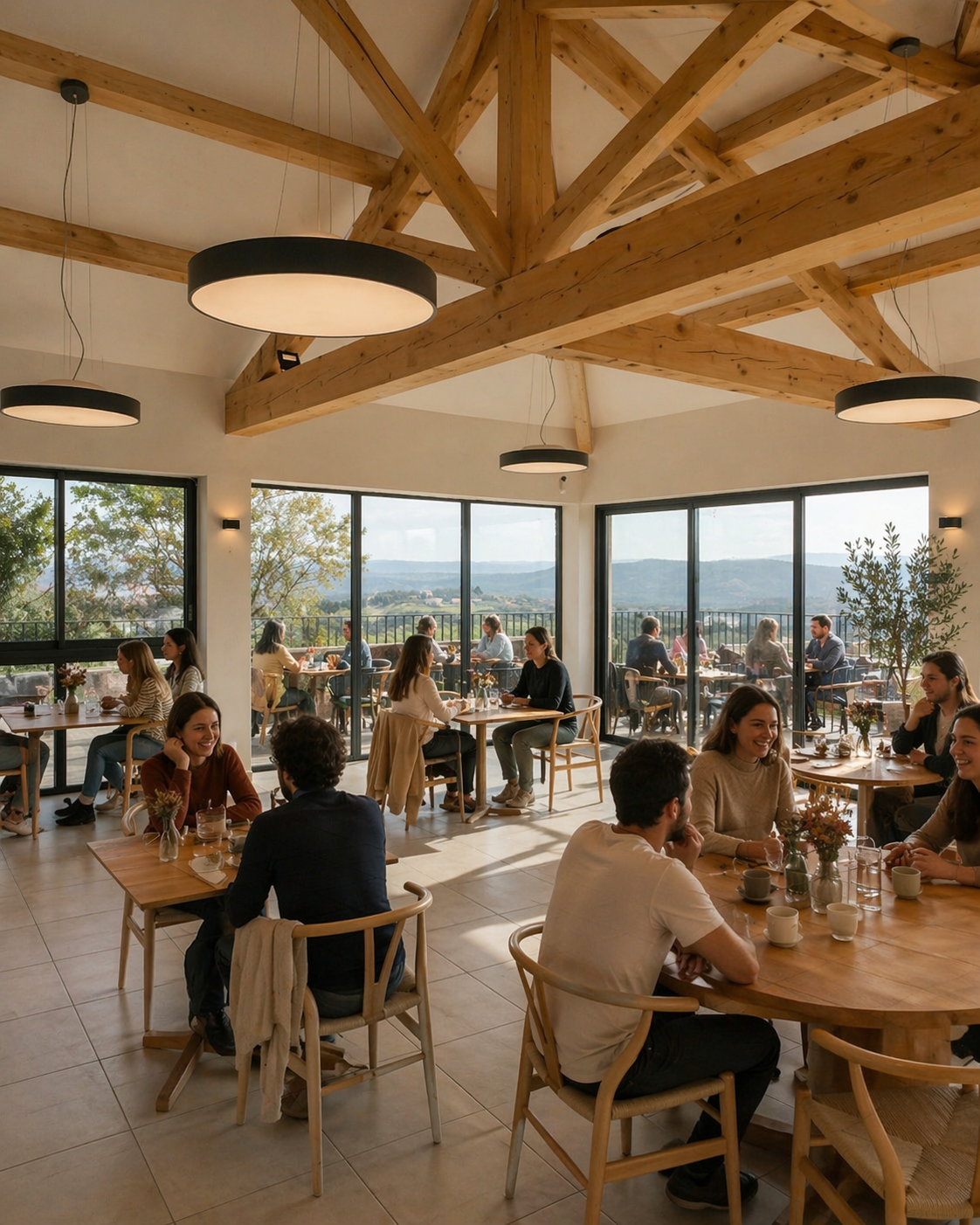 Salle de restaurant lumineuse ouverte sur le paysage