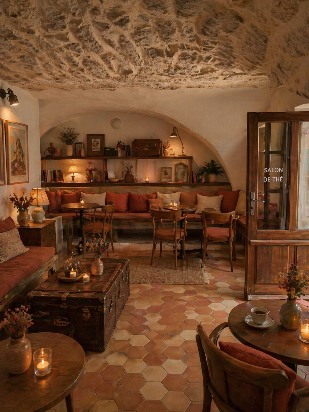 Salon de thé chaleureux, voûté et intimiste